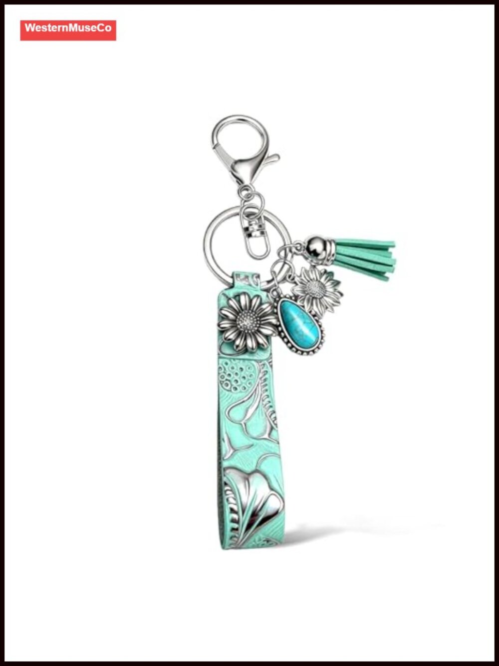 Leather Western Keychain Floral Embossed Turquoise Tassel Bag Charm